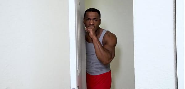  Horny black stepsister masturbates while stepbro watches behind the door - ebony porn